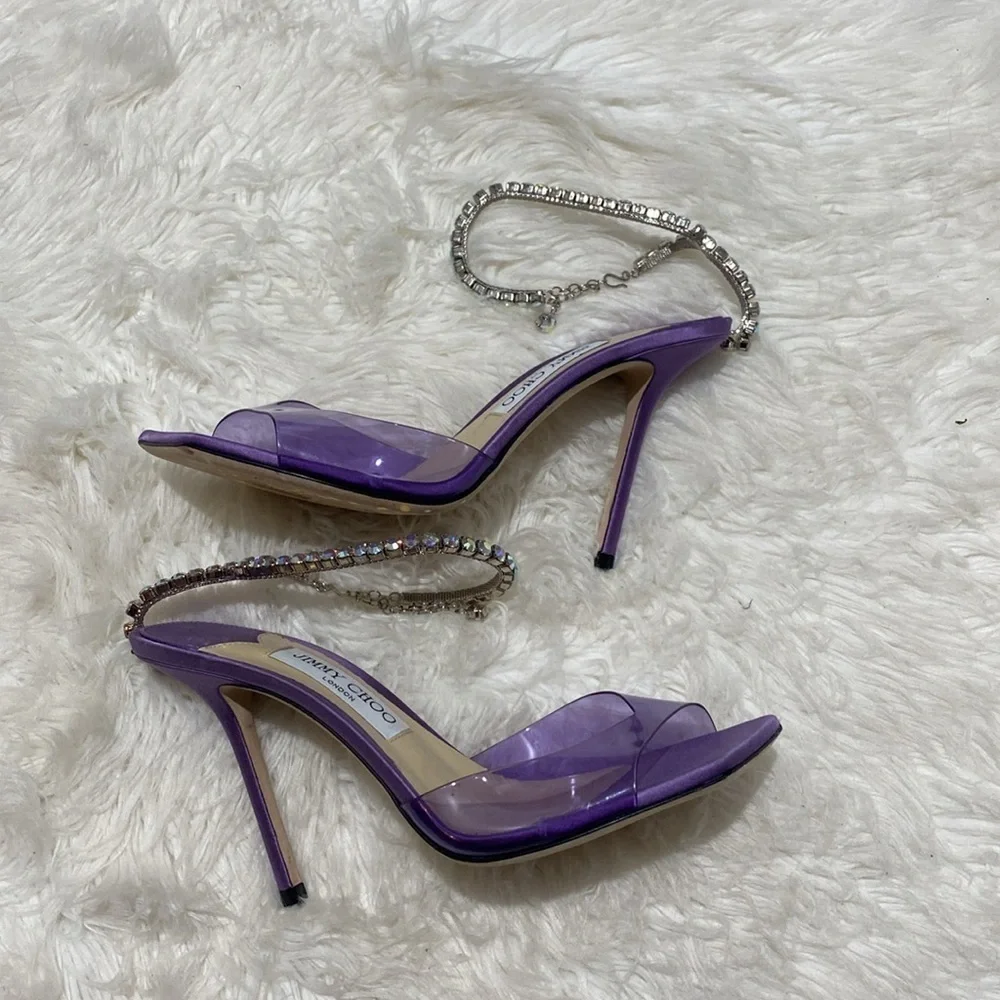 Jimmy Choo Saeda 100 Crystal embellished PVC & satin‎ sandals size 38EU